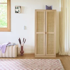 Kleiderschrank mit Rattan-Geflecht und Holzdekor, 2 Türen mit Kleiderstange