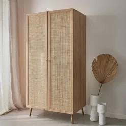 Kleiderschrank mit Rattan-Geflecht und Holzlook, 2 Türen