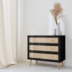 Kommode mit Holzeffekt und Rattan-Geflecht 3 Schubladen