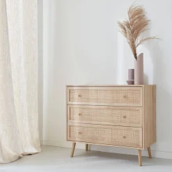 Kommode mit Holzeffekt und Rattan-Geflecht 3 Schubladen