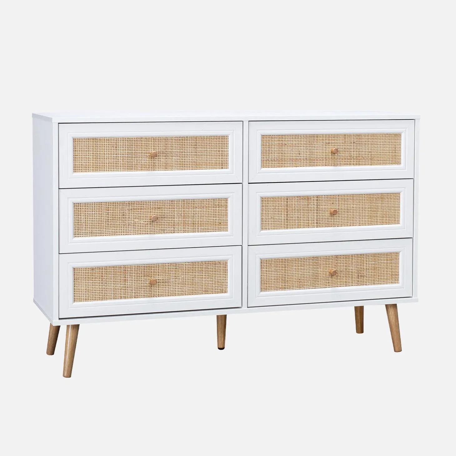 Kommode mit Holzlook, Rattan-Geflecht und 6 Schubladen