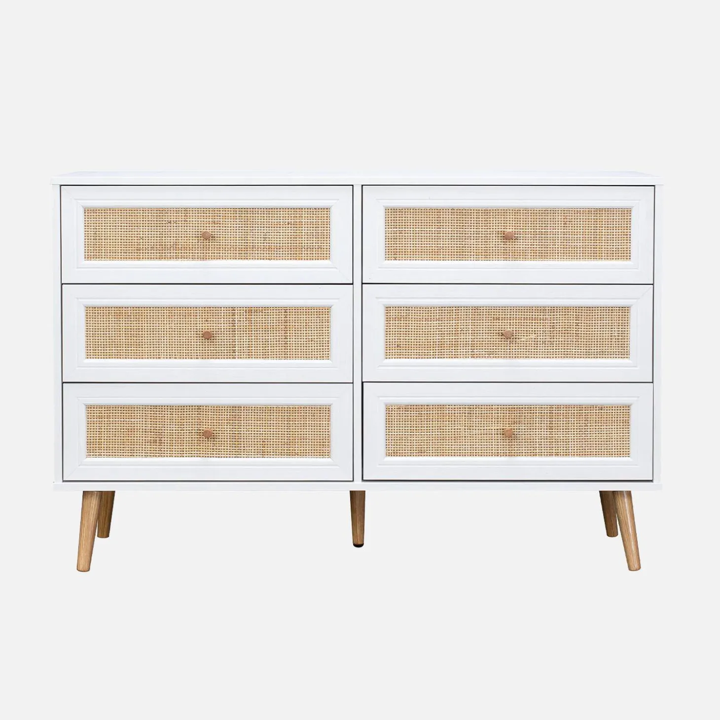 Kommode mit Holzlook, Rattan-Geflecht und 6 Schubladen
