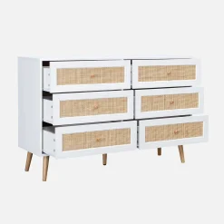 Kommode mit Holzlook, Rattan-Geflecht und 6 Schubladen