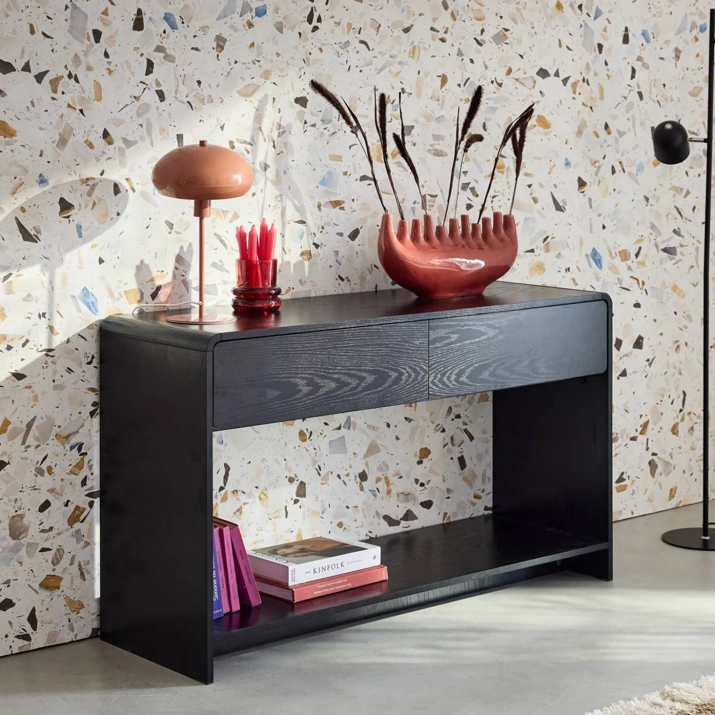 Konsole mit 2 Schubladen, 1 Regal, abgerundet Holzoptik