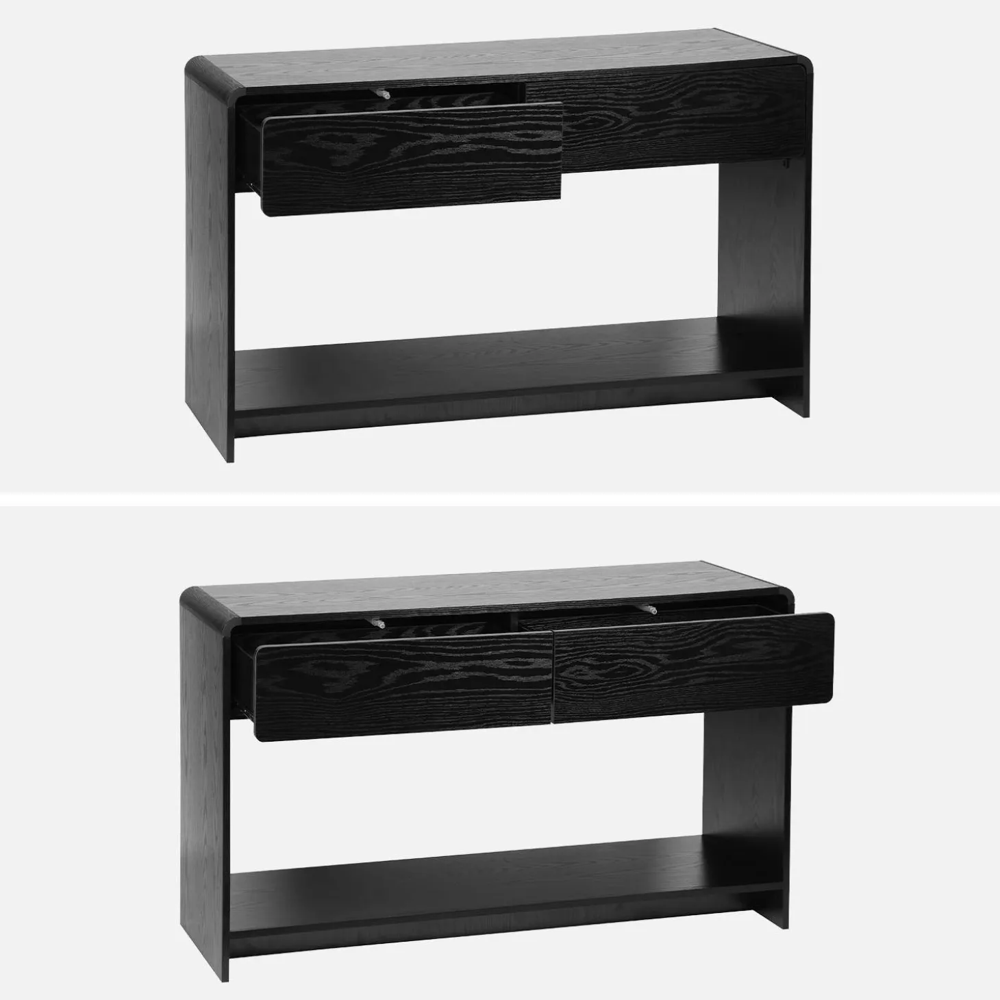 Konsole mit 2 Schubladen, 1 Regal, abgerundet Holzoptik