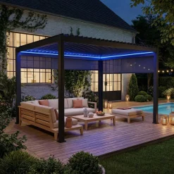 LED Pergola mit motorisiertem Lamellendach Triomphe 3x4m + Markise 3m + Markise 4m