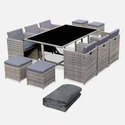 Lounge-Set aus Polyrattan 6-10 Sitzplätze + Schutzhülle dunkelgrau