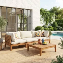 Modulares Gartenmöbelset aus Akazienholz 3-Sitzer mit Seitenteilen und Bouclé-Look