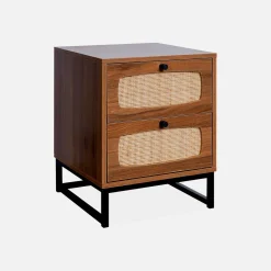 Nachttisch mit Holzdekor und Rattan-Geflecht