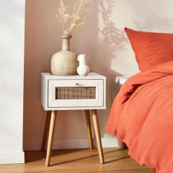 Nachttisch mit Holzeffekt und Rattan-Geflecht, 1 Schublade
