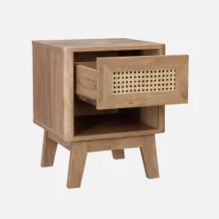 Nachttisch mit Schublade und Nische in Holz- und mit Rattan-Geflecht