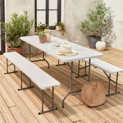 Partytisch + Bänke zusammenklappbar, Kunststoff