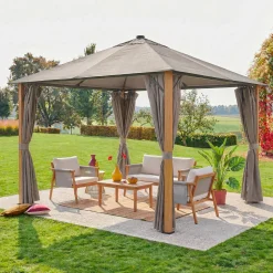 Pavillon 3x3m Aluminium Holzoptik mit Vorhängen und LED