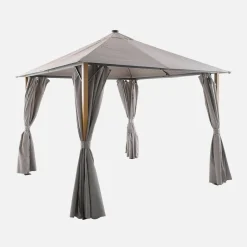 Pavillon 3x3m Aluminium Holzoptik mit Vorhängen und LED