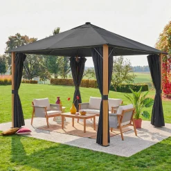 Pavillon 3x3m Aluminium Holzoptik mit Vorhängen und LED