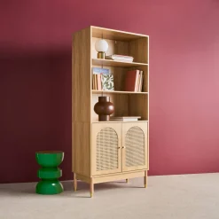 Regal Bücherregal Holzdekor und Rattan-Geflecht 4 Ebenen 2 Türen