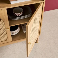Regal Bücherregal Holzdekor und Rattan-Geflecht 4 Ebenen 2 Türen