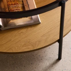 Runder Couchtisch mit doppelterPlatte, , Glas, Holzdekor und Stahl