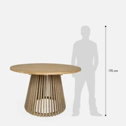 Runder Holztisch für In- und Outdoor + 4 Sessel aus Stahl mit Bespannung