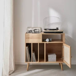 Schallplattenschrank mit Rattan-Geflecht und Holzdekor