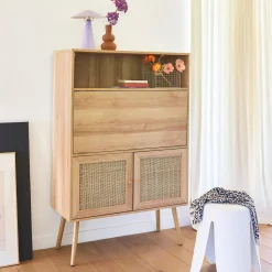 Schreibschrank / Sekretär, 2 Türen und Regale, Holzdekor und Rattan-Geflecht