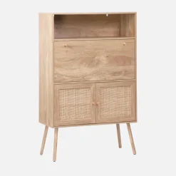 Schreibschrank / Sekretär, 2 Türen und Regale, Holzdekor und Rattan-Geflecht