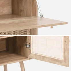 Schreibschrank / Sekretär, 2 Türen und Regale, Holzdekor und Rattan-Geflecht