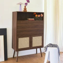 Schreibschrank / Sekretär, 2 Türen und Regale, Holzdekor und Rattan-Geflecht