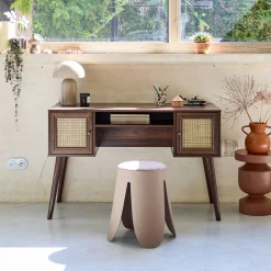 Schreibtisch mit Holzdekor und Rattan-Geflecht 2 Türen
