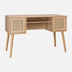 Schreibtisch mit Holzdekor und Rattan-Geflecht 2 Türen