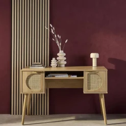 Schreibtisch mit Holzdekor und Rattan-Geflecht, 2 Türen