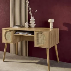 Schreibtisch mit Holzdekor und Rattan-Geflecht, 2 Türen