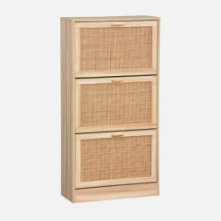 Schuhmöbel 3 Türen Rattan-Geflecht und Holzdekor