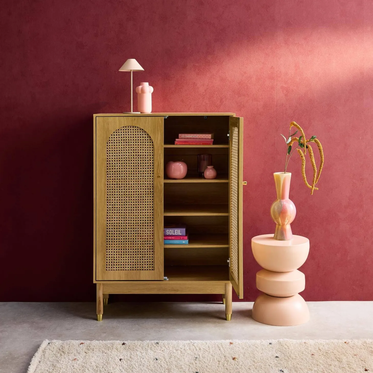 Schuhschrank / kleines Sideboard mit 2 Türen und Rattan-Geflecht