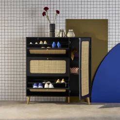 Schuhschrank mit Rattan-Geflecht und 3 Klapptüren