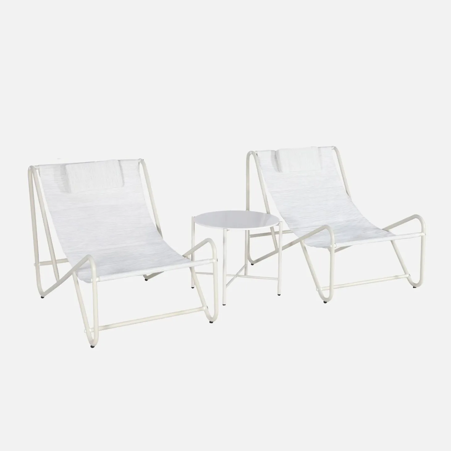 Set aus 2 Liegesesseln mit rundem Tisch aus Stahl