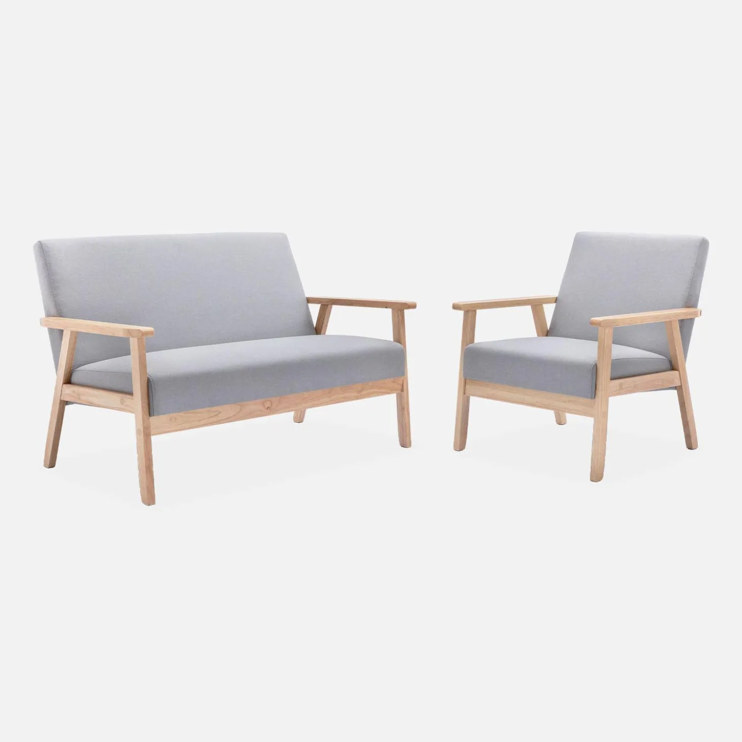 Set Sessel und 3-Sitzer Sitzbank aus Hevea-Holz mit Stoffbezug