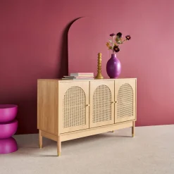 Sideboard Holzdekor und Rattan-Geflecht 3 Türen 120 cm