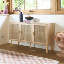 Sideboard mit Rattan-Geflecht und Holzdekor, 3 Türen, 120 cm