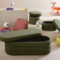 Sitzbank mit Stauraum und 2 Aufbewahrungshocker mit Bouclé-Bezug