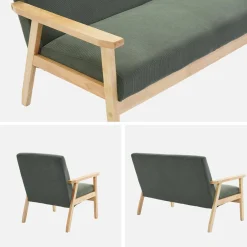 2-Sitzer-Banksofa + Sessel aus Cord-Bezug, Holzbeine