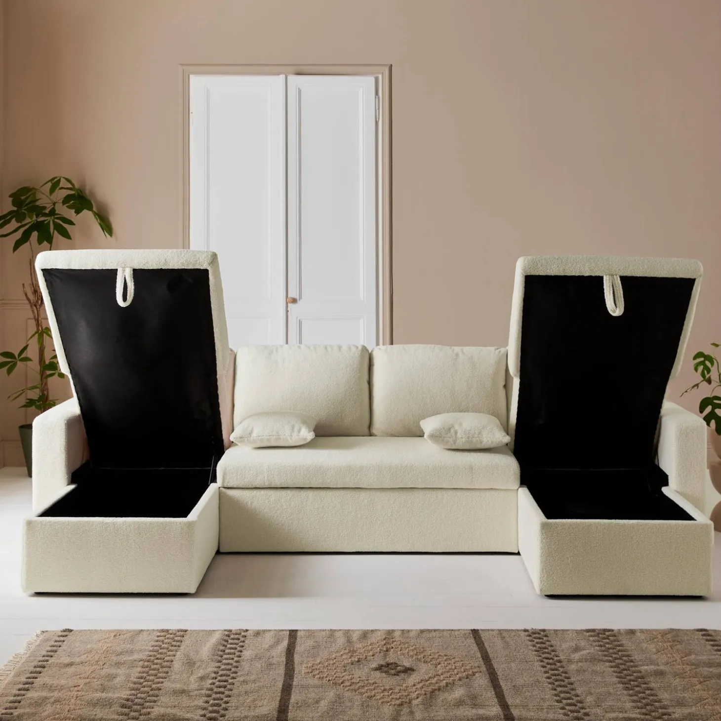 4-Sitzer Doppel-Ecksofa mit Bouclé-Bezug, Schlaffunktion und 2 Bettkästen