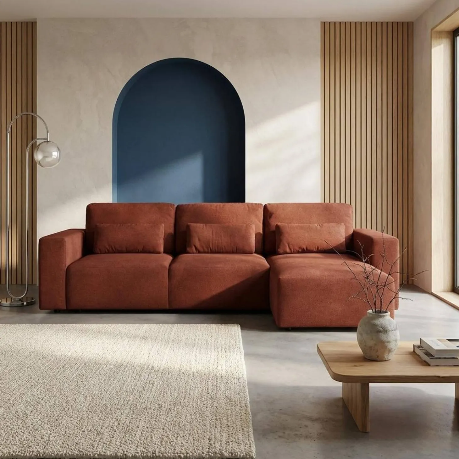 3-Sitzer Ecksofa mit Chenille-Bezug und Schlaffunktion, Recamiere beidseitig montierbar