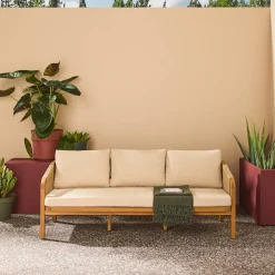 3-Sitzer Outdoor-Sofa aus Akazienholz, Seilbespannung und Stoff