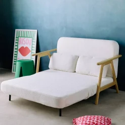 2-Sitzer Schlafsofa aus Heveaholz mit strukturiertem Bouclé-Bezug