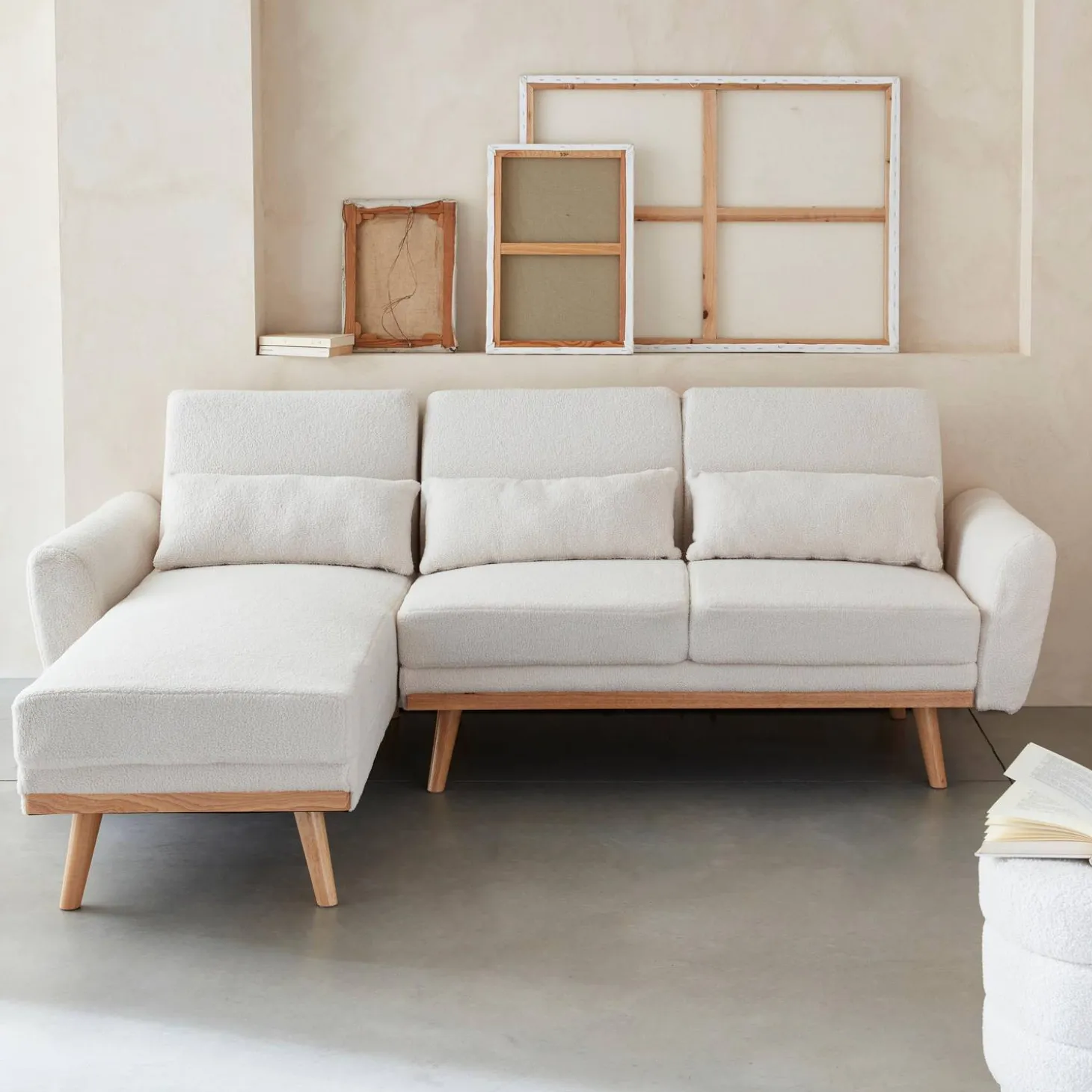 3-Sitzer Schlafsofa mit Bouclé-Bezug und beidseitig montierbarer Recamiere