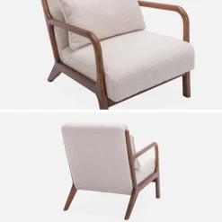 2-Sitzer-Sitzbank + Sessel aus Hevea-Holz mit Bouclé-Bezug, nussbaumfarben
