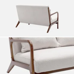 2-Sitzer-Sitzbank + Sessel aus Hevea-Holz mit Bouclé-Bezug, nussbaumfarben