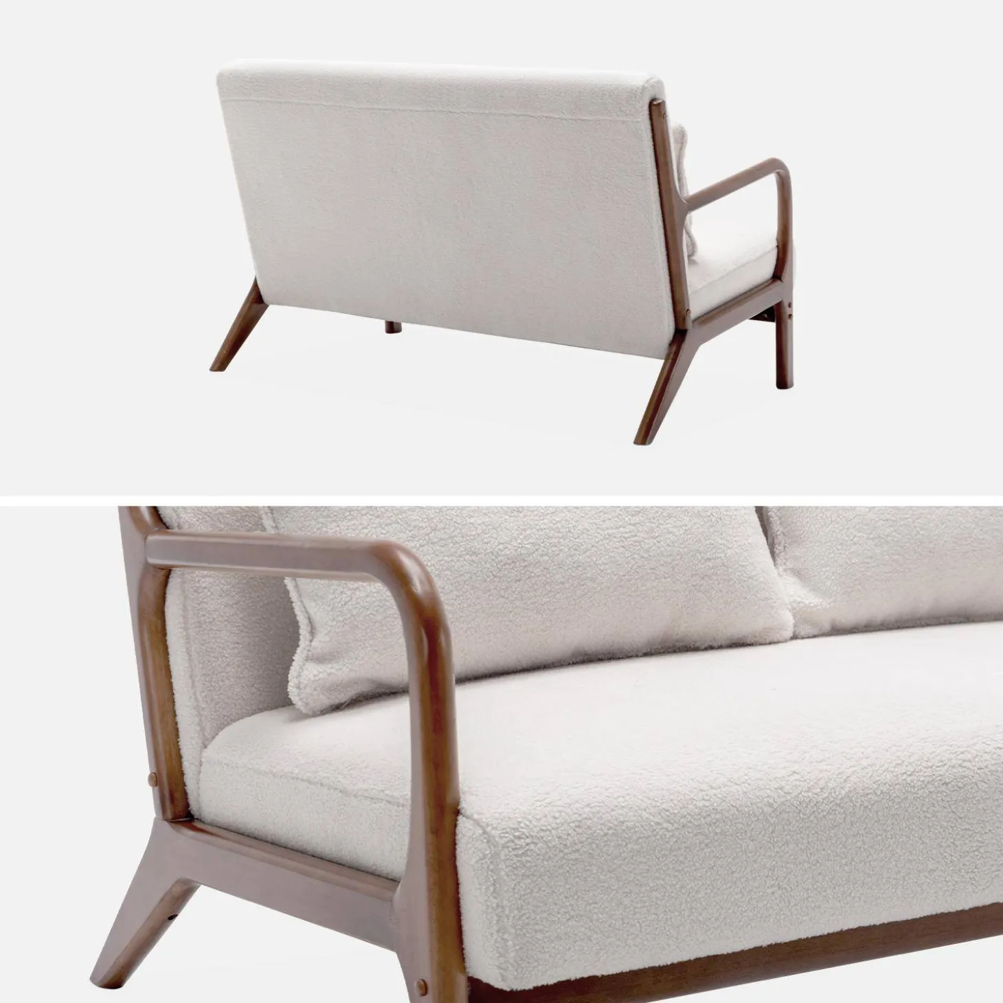 2-Sitzer-Sitzbank + Sessel aus Hevea-Holz mit Bouclé-Bezug, nussbaumfarben