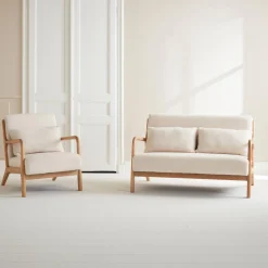 2-Sitzer-Sitzbank + Sessel aus Holz mit Bouclé-Bezug